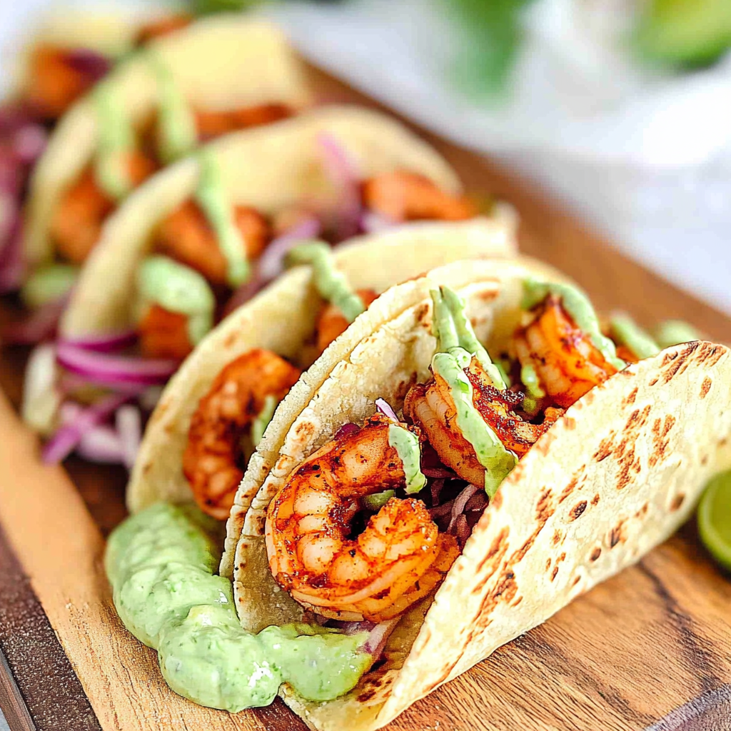 Spicy Shrimp Tacos with Avocado Crema